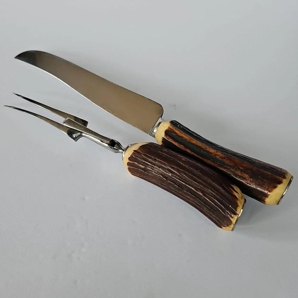 Vtg Royal Brand‎ Sheffield England Carving Set Stag Horn Handle Stainless Steel